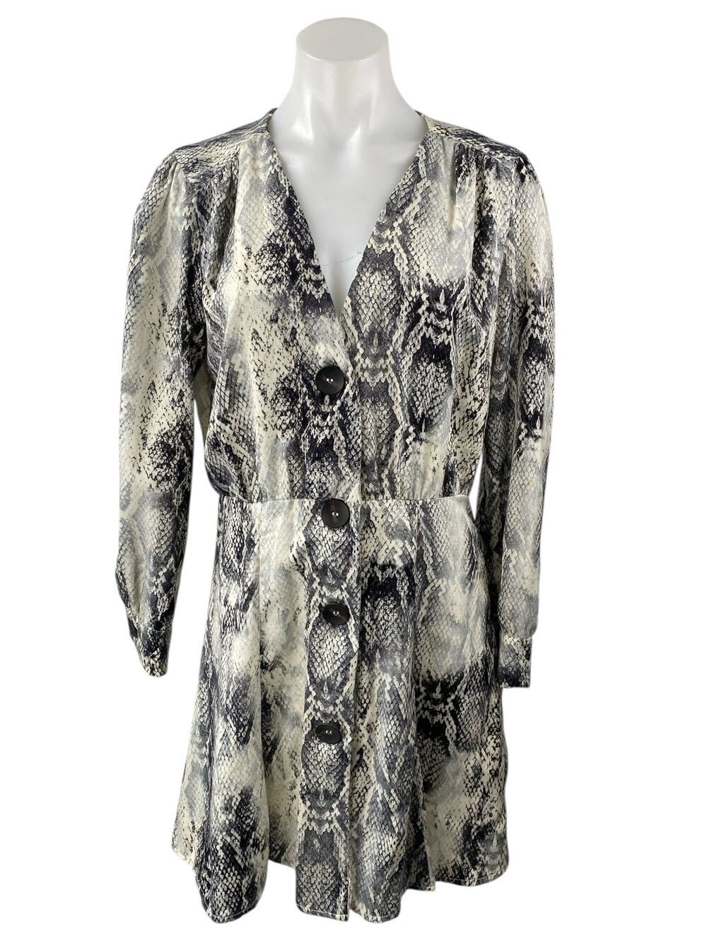 Zara Black White Snakeskin Button Down V-Neck Long Sleeve Mini Shirt Dress Sz S